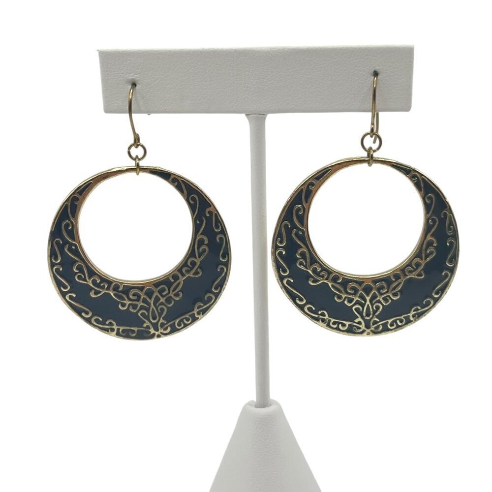 Ornate Hoop Dangle Earrings Black Gold Retro Hippie Bohemian Artsy Festival‎